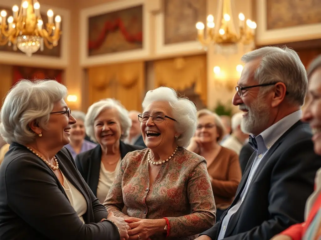 A candid shot of seniors from Salt and Pepper Chorale Rock Senior laughing and interacting during a break at a community event, highlighting the social connections and friendships formed through the organization.