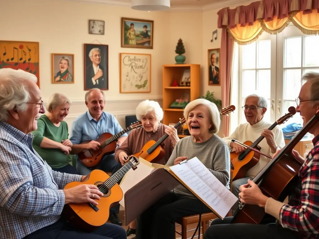 A photograph capturing a rehearsal session of the Salt and Pepper Chorale Rock Senior, with seniors passionately singing rock music, showcasing their dedication and teamwork.